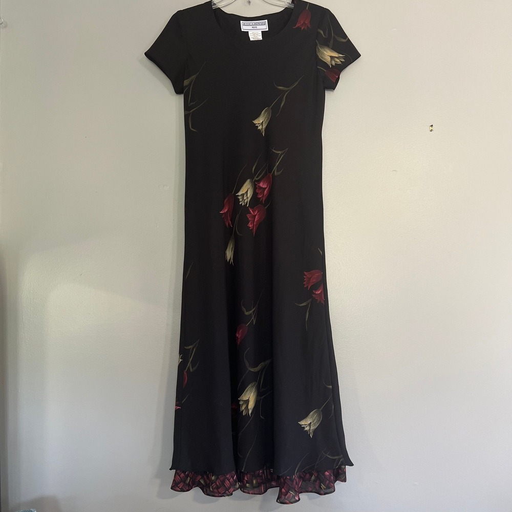 Jessica Howard Petite Black Floral Tulip Maxi Dress Short Sleeve Layered Hem 8P